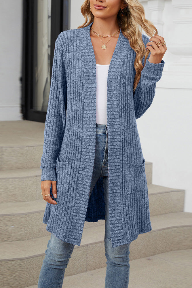 Knitted Cardigan - Open Front with Pockets - Dark Blue